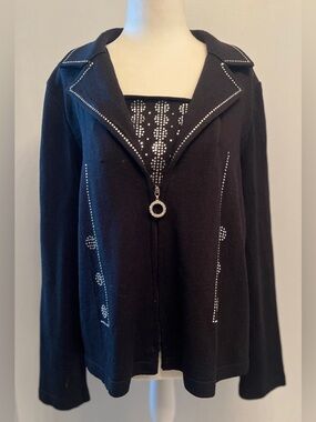 Anna Rossi wool blend rhinestone circular geometric pattern Black Cardigan Sz.16